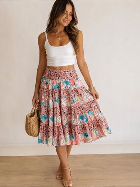 Vintage Cottagecore Tiered Midi Skirt Pink‎ Floral Postcard Print Cotton Boho M